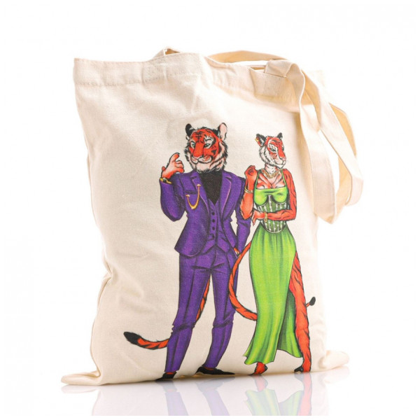 Cумка шоппер, Тигры, тканевая, цвет белый+разноцветный